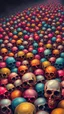 Placeholder: a field of 1000s of cartoonish, anatomically correct, skulls, varying sizes and colors, vivid RANDOM BRIGHT dayglo neon colors, dark comedy, well lit, high detail, photorealistic, horrorcore, fun, scary, dead, not centered on any one skull, macro not microncc 1701 enterprise Macabre Rapture End of days Revelation scene, loose brush stroke matte oil painting, sinner apotheosis, By John Lovett and Zdzislaw Beksinski and Phlegm, diagonal composition, unbalanced, abstract surreal horror, eerie, scar