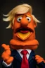 Placeholder: a Film Photograph of a realistic angry orange Donald J. Trump Muppet made of felt and wearing a dark blue suit and red necktie and with blonde hair combover, he is old and angry