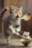 Placeholder: mother cat wearing an aprin using a wooden spoon to chase a baby cat