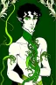 Placeholder: young half-Elf nobleman with green thumbs and 2 vine-like tentacles with black hair and green eyes and green thumbs with claws in the style of Aubrey Beardsley