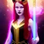 Placeholder: Attractive young teenage girl with golden fire red hair wearing a galactic tiara, who is dressed like a witch casting a spell holding a quarterstaff, she has cat ears and open dazzling blue eyes, background is realistic space with a moon, the girl is on a planet, black goth girl dress, full body portrait, arm colors gradient effect into stars, rendered, unity 3d, unreal engine, dslr, hdr, 4k, edited, photorealistic, normal number of appendages, freckles, artists render