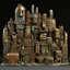 Placeholder: A grayish copper brown city with jazzy instrument shaped buildings designed in Moai statues painted by Gustav Klimt