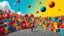 Placeholder: The image depicts a surreal, whimsical landscape filled with vibrant, colorful buildings that resemble abstract, geometric shapes. The buildings are densely packed and vary in size and color, creating a chaotic yet harmonious visual effect. The sky above is a gradient of blue and yellow, with large, floating, spherical objects in various colors, including red, blue, and orange. The ground is covered with a cobblestone path, and two small figures, possibly children, are standing in the middle of