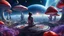 Placeholder: beautiful women sitting withoutt bro, on blue, red, purple mushroom in space, city of the future at the back ground planets above, space ships, hyper realistic.