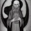 Placeholder: Nosferatu with four yellow eyes with fleshy tentacle beard grey skin and vampire fangs as a Russian Orthodox bishop