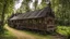 Placeholder: group of Large Gothic Two-story, wooden gipsy caravan on a pathway in a woodland clearing