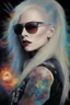 Placeholder: head and shoulders image, Lita Ford - Kiss Me Deadly - Reptilian-skinned - Ray-Ban sunglasses - Motley Crue - gothic pale-skinned vampire, Painting with fire and multicolored electrified cosmic clouds, by Hoy Tong Lu - Multicolored lightning -a smiling, long, blonde hair, blue eyes, goth makeup, black leather biker's jacket, black leather pants, combat boots, black fingerless gloves, sitting on in the forest next to a fire,