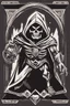 Placeholder: inside a diamond shape, skeletor motu in a black hooded cloak drawn in a retro mascot style, monochromatic