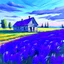 Placeholder: purple field with a wooden house in the middle in oil painting