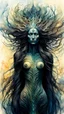 Placeholder: Zdzislaw Beksinski, Max Ernst, and Peter Gric style ink wash and watercolor, full body illustration of a transcendent woman , highly detailed facial features, mixed to anatomical body view, wildly flowing hair, 8k octane, all in focus, clean face, no grain, ethereal, otherworldly, Ancient Druid Goddess of Fire, Earth, Air, and Water, concept art in vibrant natural colors