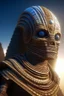 Placeholder: portrait of mummy robot, Egyptians with the hair standing straight up in front of pyramid of Babel. 4 k, down light, depth of field, trending art, spray paint, high detail, fantasy art, alien connection, future tech