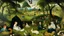 Placeholder: An high detailed oil painting by Hieronymus Bosch and Myazaki of people practicing yoga surrounded by wild animals and lush vegetation.