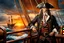 Placeholder: Pirate wearing eyepatch stands defiantly on a creaking wooden pirate ship deck, ocean horizon stretching behind, tattered sails billowing in the brisk sea wind, sunset casting an amber glow over the scene, high contrast, sharp textures, dramatic lighting, digital painting, crepystunning, cinematic