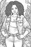 Placeholder: black curvy woman wearing jeans, eyes front camera coloring page floral background