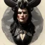 Placeholder: painted portrait of evil goddess in black leather, angry, strong, volouptous, busty, cleavage, emperious, mature, highly detailed, digital painting, artstation, concept art, smooth, sharp focus, illustration, art by gaston bussiere and alphonse mucha