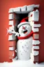 Placeholder: 3d Christmas snowman, breaking out through a wall, plaster texture, white and red, 3d background