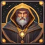 Placeholder: Isometric Indie RPG character portrait, Russian kind young 30 age old man 90 kilograms, young kind face kind gentle smile, good warlock pacefist, gray brown hair, yellow eyes high quality eyes, no facial hair, dressed in a cheap old black robe on which cosmic astral symbols appear and disappear, on the head there is a gray hood around the head a cloud of cosmic dust. Personality: Nikita experienced a hard life full of suffering and hardship, he lost his heart but retained his kindness and desire