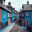 Placeholder: Fotografia di strada assurda e falsa orripilante blu weirdcore dai colori vivaci. Noe. Non luogo falso, inusuale. Max Ernst. Le case sono false e dipinte di nero chiaro con cose stilizzate e dettagli. Ci sono finestrelle false quadrate, che danno un senso distopico e molto surreale, disposte in modo casuale. L'atmosfera generale sembra noiosa e onirica, con un contrasto tra elementi reali ed elementi dipinti falsi, René Magritte
