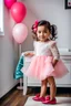 Placeholder: a 4 years old azeri girl in modern clothing and makeup standing pose with cute and joy with pertty shoes in a very large luxury baby bedroom