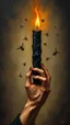 Placeholder: Bosch style painting , A 3D evil hand holding a black candle with insects flying around the flame