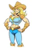 Placeholder: An cartoon style drawing of a buff cowgirl. she is blonde has sideburns. she is wearing chaps and a cowboy hat. she is buff and has big muscles!