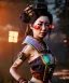 Placeholder: Ultra realistic, steampunk western party scene. Geisha Asian woman with dovernan, waist up view, dancing, happy, color smoke, highly detailed, concept art, unreal engine 5, god rays, ray tracing, RTX, lumen lighting, ultra detail, volumetric lighting, 3d, finely drawn, high definition, high resolution.