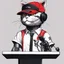 Placeholder: a drawing of a manga cat man with a sports cap and shirt, speaking at a (((lectern))) with a microphone, red, white and black colors, cat white and black colors