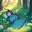 Placeholder: tiny anime girl sleeping in the distance, laying down in a field of flowers, underneath a willow tree, with a butterfly on her nose