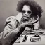 Placeholder: a realistic portrait of Jimi Hendrix at a turntable with headphones on being a DJ, vivid color, with sunglasses