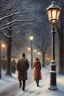 Placeholder: Beautiful old fashioned man and woman, walking in winter, pretty lights, realistic, artistic, very detailed, snowy