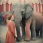 Placeholder: A woman , freckles, with an elephant, at the circus,, autochrome, pink, red orange,, golden
