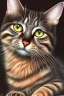 Placeholder: Cute dark brown tabby cat. Painting style of Charles Wysocki