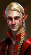 Placeholder: A young elf with blond hair in a single braid and a smirk. He is dressed in an artist's costume mixing red and black as the main color.
