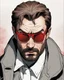 Placeholder: a young man with big muscles who looks like hans gruber wearing a heavy coat and red sunglasses staring with an irritated look on his face