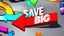 Placeholder: 3d red arrow pointing left, background where colorful arrows racing past lice nascar. "SAVE BIG" written in front arrow