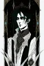 Placeholder: black haired young man necromancer wizard with gothic jewelry in the style of Harry Clarke