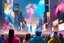 Placeholder: people looking up watching the ball come down in an eerie Times Square, a beautiful magical glowing sky, oil paint and art splashed, colorful, holiday and looking across the ocean towards Times Square in New York the text "HAPPY NEW YEAR NEW USA 2024"