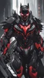 Placeholder: A close picture to Mix between symbiote and machine and batman in transformers cyborg with black metal and red details armor in solo leveling shadow art style with red details detailsis in fantasy world