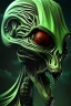 Placeholder: alien, head, dark, evil,green eyes, weapons, blood, 8k, finely detailed, photo realistic, HR Giger style