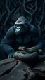 Placeholder: A gorilla in the background of black vein, human veins, mixing together a lot of them, like a forest, big and small veins a lot of them, an army a snake on an old broken wooden table
