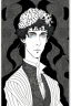 Placeholder: Black haired blue eyed freckled young male warlock in the style of aubrey beardsley