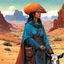 Placeholder: create an portrait of a nomadic shepherdess with highly detailed feminine facial features, inhabiting an ethereal desert canyon land in the comic book style of Jean Giraud Moebius, David Hoskins, and Enki Bilal, precisely drawn, boldly inked, with vibrant colors