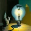 Placeholder: Abstract painting formed by a mix of human flesh-like surgical instruments and universe-like neuralink, a cat looking at a pigeon inside a huge bulb between light and shadow at dusk,surrealism,minimalism,Painting By Adrian Ghenie, Rene Magritte, Salvador Dali, Lucian Freud