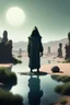 Placeholder: Draw me a lake with a mossy big stones in the desert in the distance background a giant statue of a hooded shadow of a scary creature