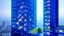Placeholder: Monumental sapphire-blue glass cube inhabited by a utopian community, minimalist apartments arranged in a honeycomb pattern, exterior walls that change hue depending on the sunlight, common spaces bathed in a blue glow, suspended terraces with hydroponic gardens, neo-Bauhaus style