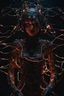 Placeholder: Demon girl, fullbody, creepy, horrifying, sinister, many wires connected to the head lumen lighting, led lights, sparks around her, sparks cybernetic, intricate, 8k, macro photography,