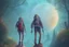 Placeholder: illustration concept art water color style for teenagers in other planet watching the moon and mountains having adventure two teenagers are walking mystery weird cretures mushroomsexiting