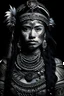 Placeholder: Beautifull black Samoan native tribal technoreaism t young lady portrait, adorned with techno realism voidcore shamanism tribal Samoan headdress and face tattoo and body tattoo ribbed Samoan tribal aboriginal headdress, and black floral headress, wearing voidcore techno realism silver filigree patinated tribal Samoa tribal ornated beads and floral clothing armour Samoan half face masque organic bio spinal ribbed techno realism background by the blurred bokeh techno realism Samoan bachround in th
