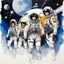 Placeholder: [art by Ralph Steadman] Masamune Shirow style: three agents of criminal minds FBI team, on a scene crime in spacesuits in the space station (women and men) ink and aquarelle drawing