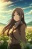 Placeholder: A screenshot of Attack on Titan showing a female with long, wavy black hair and large brown eyes. Beautiful background scene of the flower field behind her. With artistic screenshot of the studio